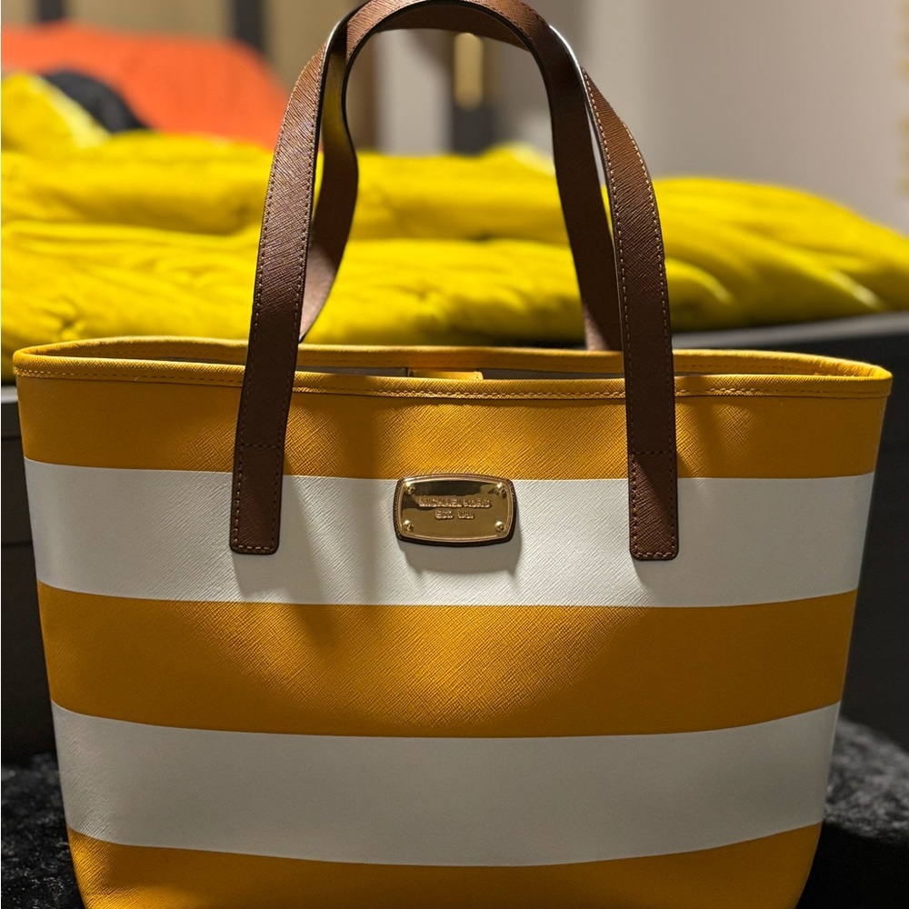 Michael Kors Yellow and White Striped Tote Bag